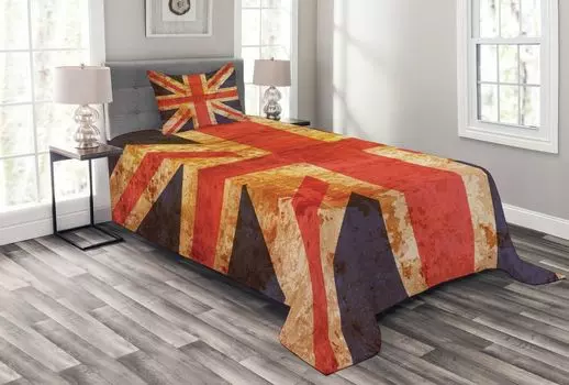 Комплект покрывала ABAKUHAUS England, мотив Юнион Джек гранж, комплект с моющимися наволочками, для односпальных кроватей 170 x 220 см, темно-синий, ярко-красный