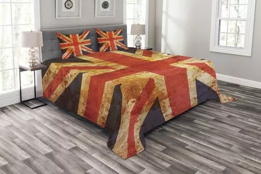 Комплект покрывала ABAKUHAUS England, мотив Юнион Джек гранж, комплект с моющимися наволочками, для односпальных кроватей 264 x 220 см, темно-синий, ярко-красный