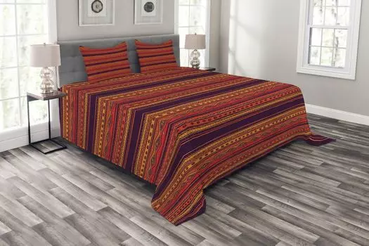 Комплект покрывала ABAKUHAUS Ethno Boho, абстрактный этнический рисунок, комплект с моющимися наволочками, для односпальных кроватей 220 x 220 см, оранжево-красный сливовый