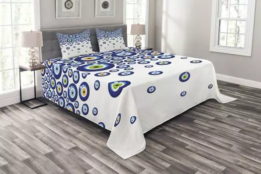 Комплект покрывала ABAKUHAUS Evil Eye, живой турецкий, комплект с моющимися наволочками, для односпальных кроватей 264 x 220 см, сине-зеленый бархатцы