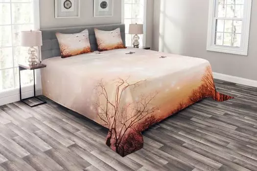 Комплект покрывала ABAKUHAUS Fantasy, Butterflies Trees Sky, комплект с моющимися наволочками, для односпальных кроватей 264 x 220 см, Baby Pink Orange