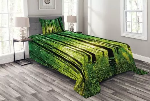 Комплект покрывала ABAKUHAUS Forest, Green Forest Sunrise, комплект с моющимися наволочками, для односпальных кроватей 170 x 220 см, черный, зеленый, желтый