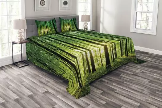 Комплект покрывала ABAKUHAUS Forest, Green Forest Sunrise, комплект с моющимися наволочками, для односпальных кроватей 264 x 220 см, черный, зеленый, желтый