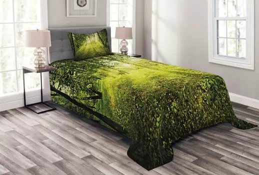Комплект покрывала ABAKUHAUS Forest, Scenic Morning in Nature, комплект с моющимися наволочками, для односпальных кроватей 170 x 220 см, зеленый