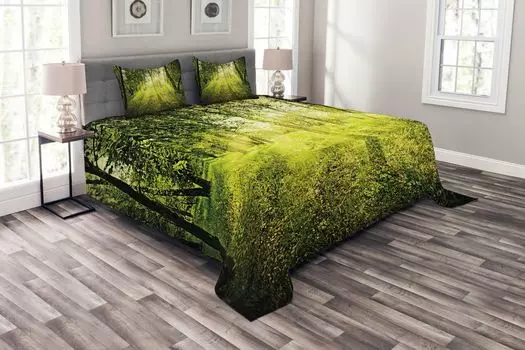 Комплект покрывала ABAKUHAUS Forest, Scenic Morning in Nature, комплект с моющимися наволочками, для односпальных кроватей 220 x 220 см, зеленый