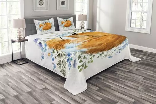 Комплект покрывала ABAKUHAUS Fox, акварельные краски Sleeping Fox, комплект с моющимися наволочками, для односпальных кроватей 220 x 220 см, оранжевый синий оливково-зеленый