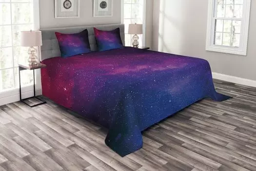Комплект покрывала ABAKUHAUS Galaxy, Stardust Space Rainbow, комплект с моющимися наволочками, для односпальных кроватей 220 x 220 см, черный, синий, розовый