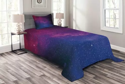 Комплект покрывала ABAKUHAUS Galaxy, Stardust Space Rainbow, комплект с моющимися наволочками, для односпальных кроватей 170 x 220 см, черный, синий, розовый