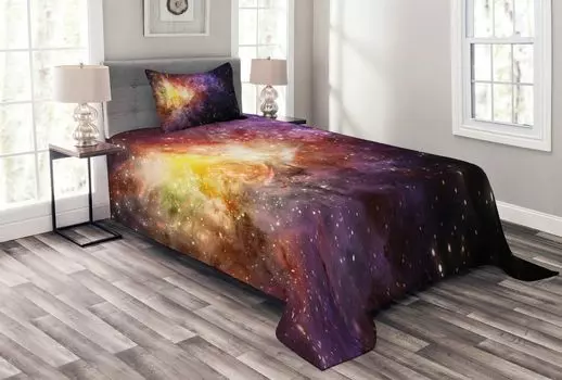 Комплект покрывала ABAKUHAUS Galaxy, вид на космическую туманность, комплект с моющимися наволочками, для односпальных кроватей 170 x 220 см, черный желтый фиолетовый