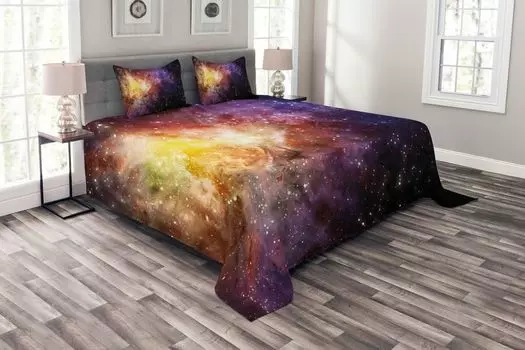 Комплект покрывала ABAKUHAUS Galaxy, вид на космическую туманность, комплект с моющимися наволочками, для односпальных кроватей 220 x 220 см, черный желтый фиолетовый