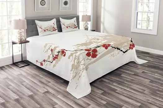 Комплект покрывала ABAKUHAUS Grunge, Japan Flowers Sakura Flowers, комплект с моющимися наволочками, для односпальных кроватей 220 x 220 см, бежевый белый красный