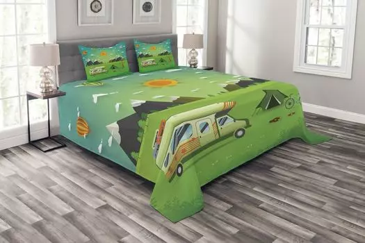 Комплект покрывала ABAKUHAUS Happy Camper, фургон для улицы, комплект с моющимися наволочками, для односпальных кроватей 264 x 220 см, разноцветный