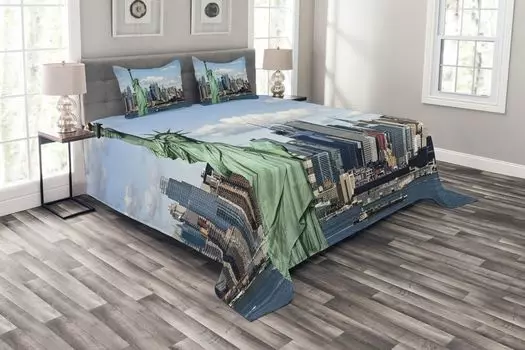 Комплект покрывала ABAKUHAUS Harbour, LIBERTY NYC, комплект с моющимися наволочками, для односпальных кроватей 220 x 220 см, мятно-синий