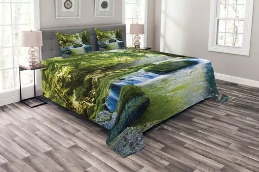 Комплект покрывала ABAKUHAUS Jungle, Foliage Misty Mountains, комплект с моющимися наволочками, для односпальных кроватей 220 x 220 см, желтый, зеленый, синий