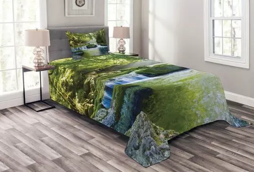 Комплект покрывала ABAKUHAUS Jungle, Foliage Misty Mountains, комплект с моющимися наволочками, для односпальных кроватей 170 x 220 см, желтый, зеленый, синий