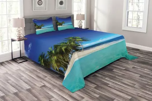 Комплект покрывала ABAKUHAUS Jungle, Seaside Nature Tropic, комплект с моющимися наволочками, для односпальных кроватей 264 x 220 см, королевский синий, бирюзовый