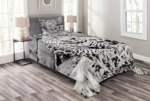 Комплект покрывала ABAKUHAUS Jungle, Wild Tiger Jaguar, комплект с моющимися наволочками, для односпальных кроватей 170 x 220 см, белый черный