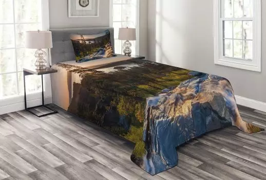 Комплект покрывала ABAKUHAUS Lake Tahoe, Романтические места США, комплект с моющимися наволочками, для односпальных кроватей 170 x 220 см, разноцветный