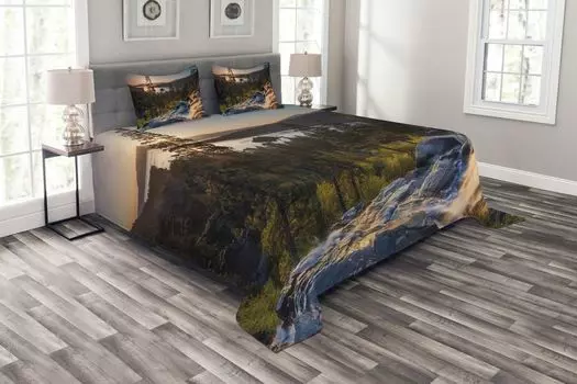 Комплект покрывала ABAKUHAUS Lake Tahoe, Романтические места США, комплект с моющимися наволочками, для односпальных кроватей 220 x 220 см, разноцветный