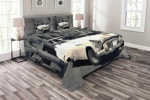 Комплект покрывала ABAKUHAUS Landscape, American Cars Havana, комплект с моющимися наволочками, для односпальных кроватей 264 x 220 см, бежево-серый