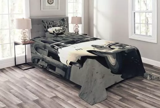 Комплект покрывала ABAKUHAUS Landscape, American Cars Havana, комплект с моющимися наволочками, для односпальных кроватей 170 x 220 см, бежево-серый