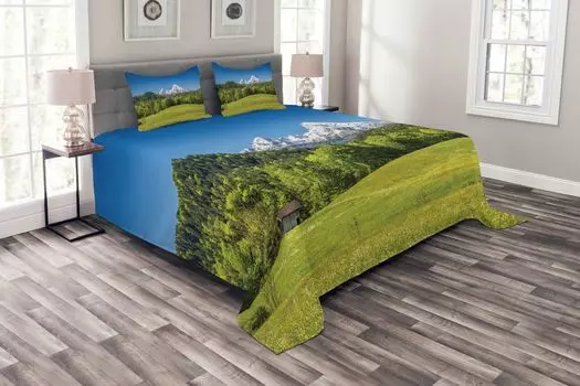 Комплект покрывала ABAKUHAUS Landscape, Деревня Баварских Альп, комплект с моющимися наволочками, для односпальных кроватей 264 x 220 см, Зеленый Зеленый Папоротник
