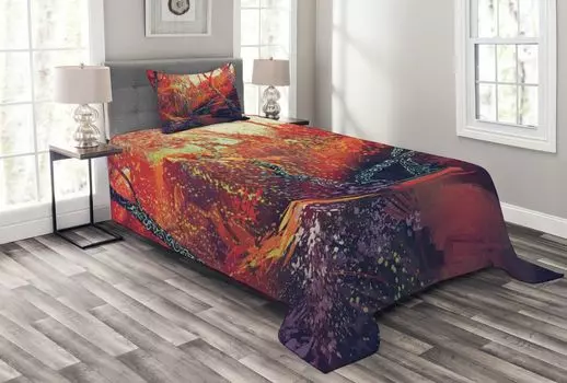 Комплект покрывала ABAKUHAUS Landscape, осенне-осенний пейзаж, комплект с моющимися наволочками, для односпальных кроватей 170 x 220 см, фиолетовый