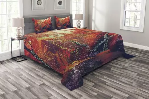 Комплект покрывала ABAKUHAUS Landscape, осенний пейзаж, комплект с наволочками, моющийся, для односпальных кроватей, 264 x 220 см, фиолетовый