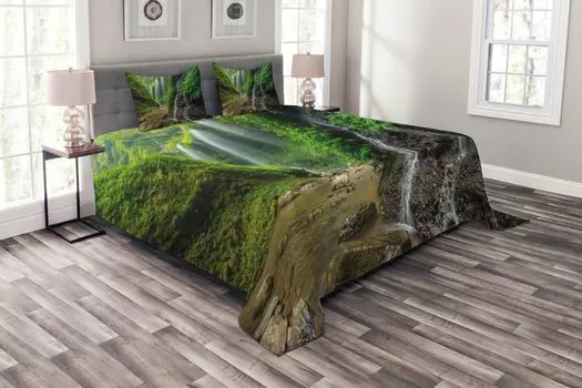 Комплект покрывала ABAKUHAUS Landscape, «Водопадный лес», комплект с моющимися наволочками, для односпальных кроватей 264 x 220 см, зеленый и коричневый