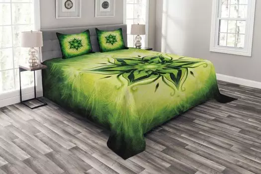 Комплект покрывала ABAKUHAUS Leaf, Esoteric Mystical, комплект с моющимися наволочками, для односпальных кроватей 264 x 220 см, изумрудно-лаймовый зеленый