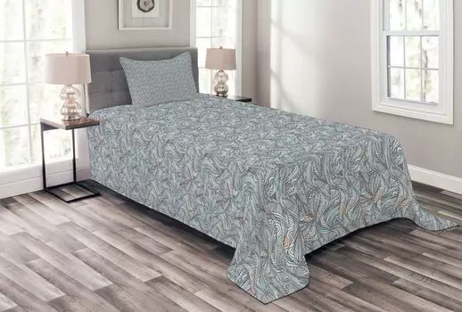 Комплект покрывала ABAKUHAUS Leaves, Abstract Swirl Forms Art, комплект с моющимися наволочками, для односпальных кроватей 170 x 220 см, кадетский синий персик