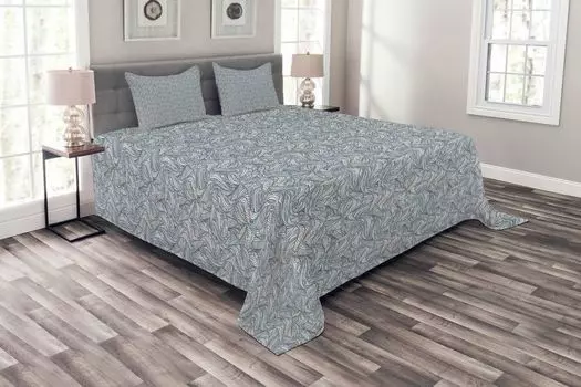 Комплект покрывала ABAKUHAUS Leaves, Abstract Swirl Forms Art, комплект с моющимися наволочками, для односпальных кроватей 220 x 220 см, кадетский синий персик
