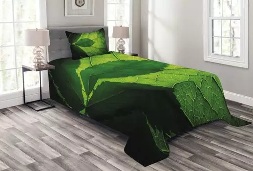 Комплект покрывала ABAKUHAUS Leaves, Eco из листьев бразильского дерева, комплект с моющимися наволочками, для односпальных кроватей 170 x 220 см, оливковый и темно-зеленый