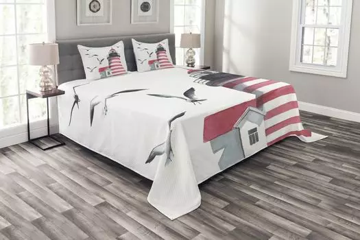 Комплект покрывала ABAKUHAUS Lighthouse, Seagulls Beach Sea, комплект с моющимися наволочками, для односпальных кроватей 220 x 220 см, Белый Серый Красный