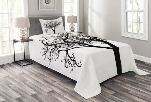Комплект покрывала ABAKUHAUS Lonely Tree, барная ветка Fall, комплект с моющимися наволочками, для односпальных кроватей 170 x 220 см, черный и белый