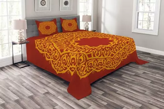 Комплект покрывала ABAKUHAUS Mandala, ацтекская художественная краска Vivid, комплект со моющимися наволочками, для односпальных кроватей 264 x 220 см, темно-желтый и перцовый