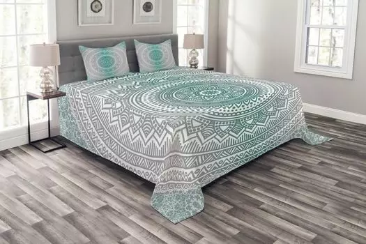 Комплект покрывала ABAKUHAUS Mandala, произведение искусства для медитации в стиле бохо, комплект с моющимися наволочками, для односпальных кроватей 264 x 220 см, серый бирюзовый