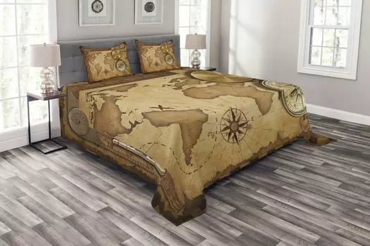 Комплект покрывала ABAKUHAUS Map, состаренная антикварная карта сокровищ, комплект с моющимися наволочками, для односпальных кроватей 220 x 220 см, коричневый светло-коричневый