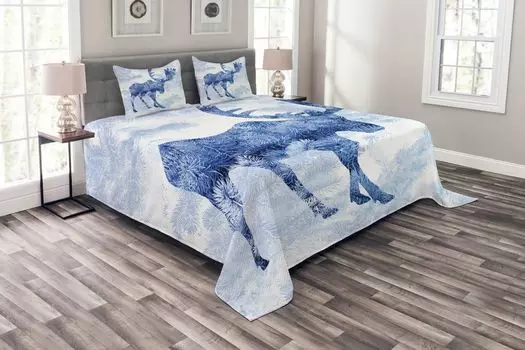 Комплект покрывала ABAKUHAUS Moose, синее зимнее дерево с рогами, комплект с моющимися наволочками, для односпальных кроватей 264 x 220 см, синий белый