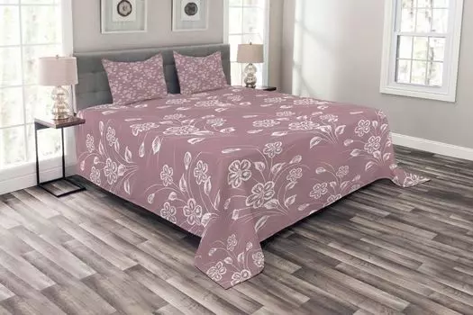 Комплект покрывала ABAKUHAUS Natural, абстрактные монохромные цветы, комплект с моющимися наволочками, для односпальных кроватей 220 x 220 см, бледно-фиолетовый и белый
