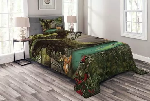 Комплект покрывала ABAKUHAUS Natural, абстрактный домик на дереве и оленях, комплект с моющимися наволочками, для односпальных кроватей 170 x 220 см, разноцветный