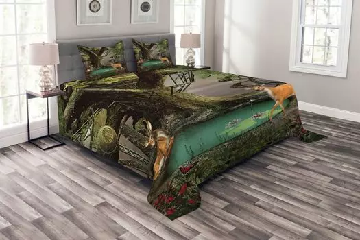 Комплект покрывала ABAKUHAUS Natural, абстрактный домик на дереве и оленях, комплект с моющимися наволочками, для односпальных кроватей 220 x 220 см, разноцветный
