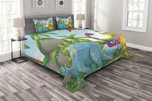 Комплект покрывала ABAKUHAUS Natural, «Динозавры в джунглях», комплект с моющимися наволочками, для односпальных кроватей 264 x 220 см, разноцветный
