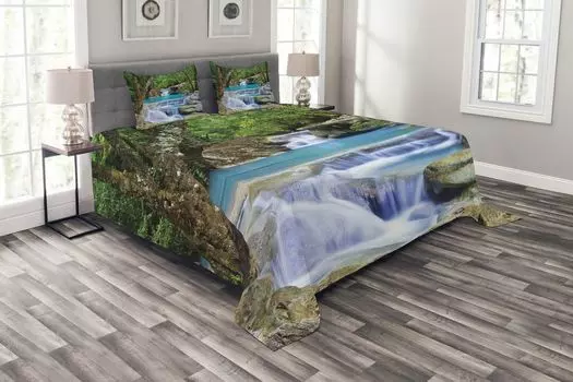 Комплект покрывала ABAKUHAUS Natural, «Камни в озере с водопадом», комплект с моющимися наволочками, для односпальных кроватей 220 x 220 см, коричневый, зеленый, синий