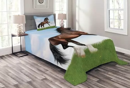 Комплект покрывала ABAKUHAUS Natural, «Лошадь по траве», комплект с моющимися наволочками, для односпальных кроватей 170 x 220 см, зеленый, коричневый, коричневый, синий