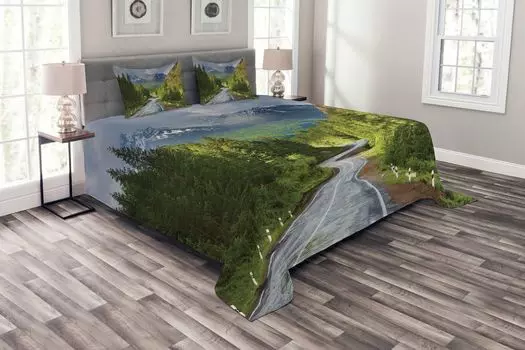 Комплект покрывала ABAKUHAUS Natural, Mountain Landscape Road, комплект с моющимися наволочками, для односпальных кроватей 220 x 220 см, коричневый, зеленый, серый