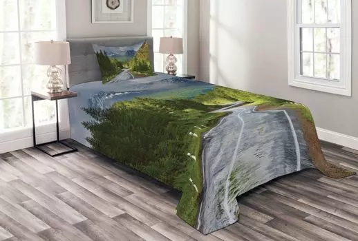 Комплект покрывала ABAKUHAUS Natural, Mountain Landscape Road, комплект с моющимися наволочками, для односпальных кроватей 170 x 220 см, коричневый, зеленый, серый