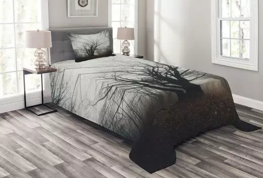 Комплект покрывала ABAKUHAUS Natural, «Осеннее дерево в темноте тумана», комплект с моющимися наволочками, для односпальных кроватей 170 x 220 см, серый