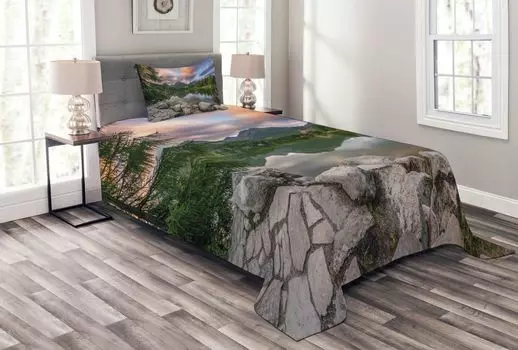 Комплект покрывала ABAKUHAUS Natural, «Озеро через лесную гору», комплект с моющимися наволочками, для односпальных кроватей 170 x 220 см, разноцветный