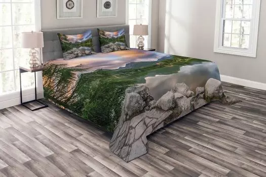 Комплект покрывала ABAKUHAUS Natural, «Озеро через лесную гору», комплект с моющимися наволочками, для односпальных кроватей 220 x 220 см, разноцветный
